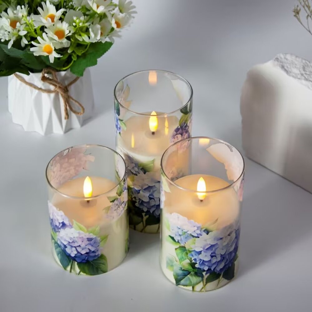 3-pack Blue Hydrangea Smokeless Electric Candles with Remote Control Timer